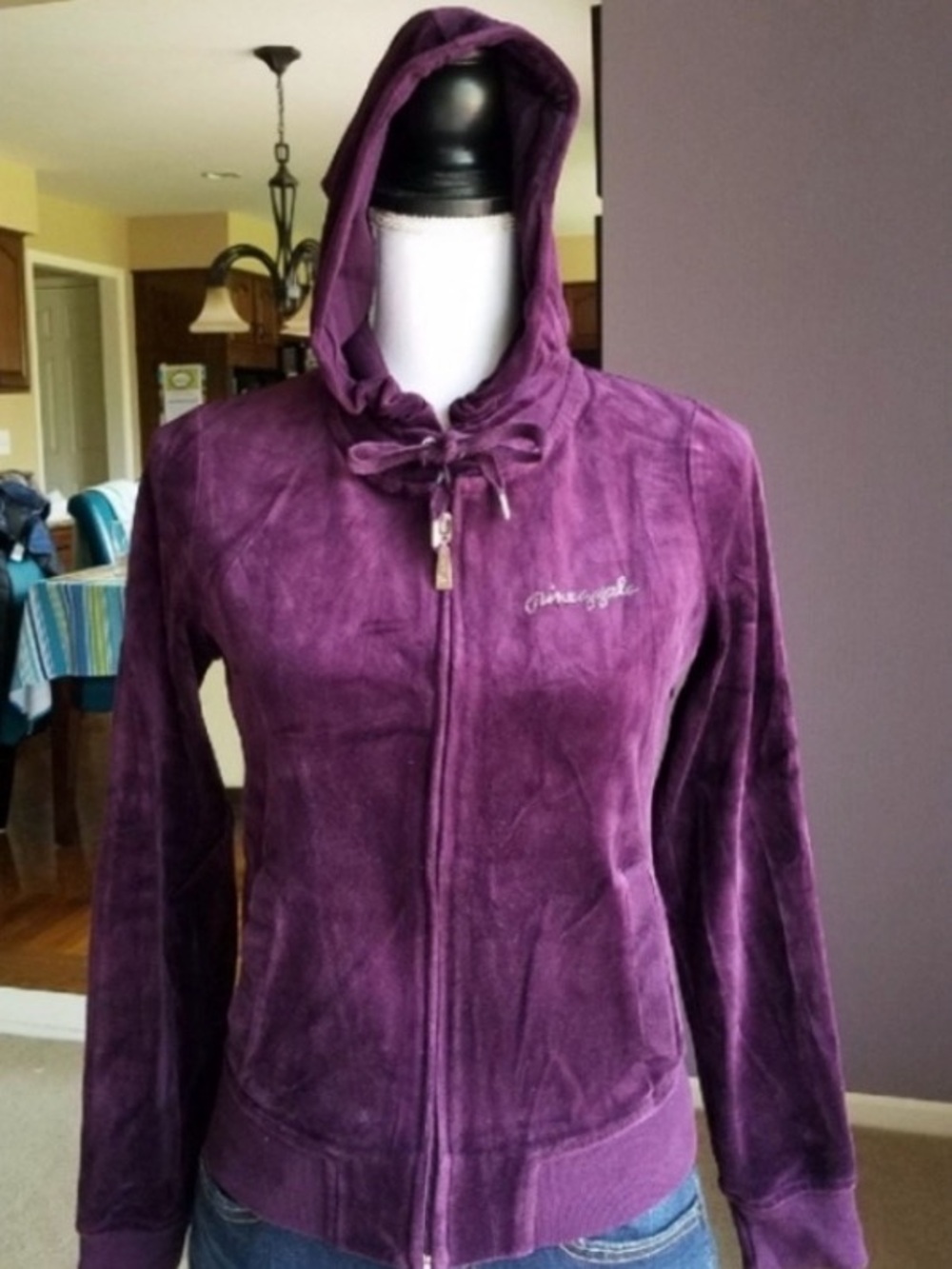 Pineapple Purple Velvet Hoodie Embellished with Rhinestones from London - Small